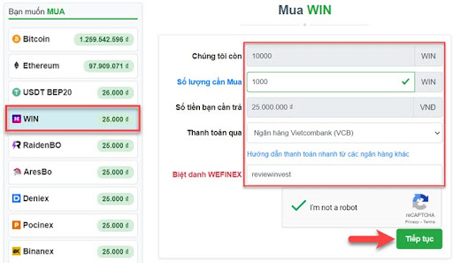 Tạo đơn hàng mua WIN trên Muabancoin.io