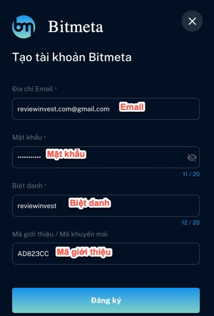 Đăng ký tài khoản Bitmeta