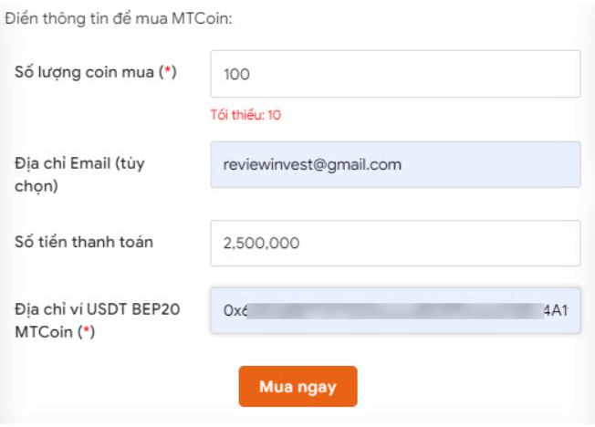 Nhập các thông tin mua MTCoin